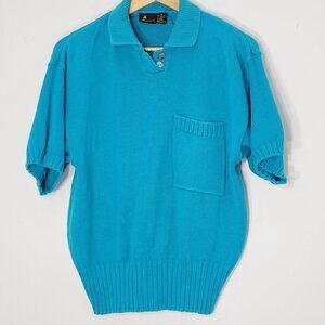 Vintage Blue 100% Cotton Collared Pocket Retro Knitted Short Sleeve Sweater Sz M